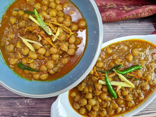 Top down view of a bowl of spicy and tangy Amritsari Chole
