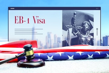 EB-1 Visa. Judge gavel and america flag in front of New York Skyline. Web Browser interface with...