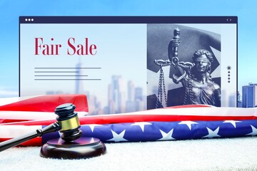 Fair Sale. Judge gavel and america flag in front of New York Skyline. Web Browser interface with text and lady justice.