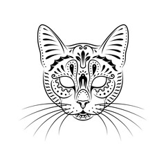 Decorative cat portrait on white background. Line art. Stencil art. Stylized cat face. Cat with whiskers.