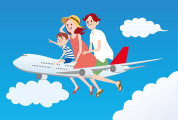 飛行機で旅行をする家族_GO TO キャンペーン