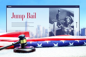 Jump Bail. Judge gavel and america flag in front of New York Skyline. Web Browser interface with text and lady justice.
