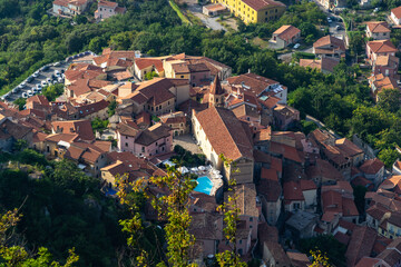 Fototapeta premium Aerial view of the town of Maratea on the Tyrrhenian coast of Basilicata and famous tourist destination, Italy