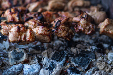Fresh shish kebab on skewers is fried on the grill. Grilled meat on skewers.