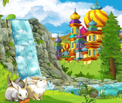cartoon nature scene with waterfall rabbit castle in background