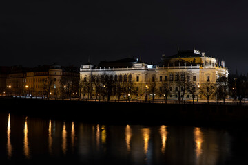 .Prague architecture from the 19th century in the center of Prague at night and street lighting