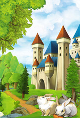 Obraz na płótnie Canvas cartoon nature scene with waterfall rabbit castle in background
