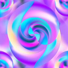 Seamless pattern of rainbow lines and spots with gradient swirling fill on a blurred background. Raster illustration. Distortion effect.