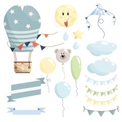  Blue kid set of Hot Air balloon, kite, moon, clouds, balloons, bear, star, drops, ribbons and paper flags. Vector illustration.