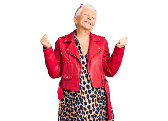 Senior beautiful woman with blue eyes and grey hair wearing a modern style with a red leather jacket very happy and excited doing winner gesture with arms raised, smiling and screaming for success.