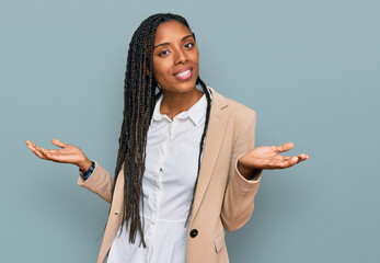African american woman wearing business jacket smiling showing both hands open palms, presenting and advertising comparison and balance