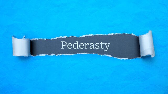 Pederasty. Blue torn paper banner with text label. Word in gray hole.