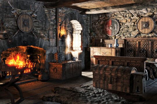 Fantasy interior of a medieval bedroom with traditional decorations and a cozy fireplace . 3d rendering
