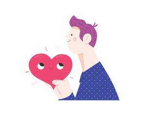Man giving a heart - Valentines day graphics. Modern flat vector concept illustration - a young man, holding the big heart. Hearts and flowers. Cute characters in love concept