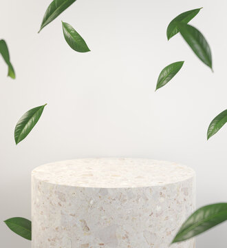 Modern Mockup Stone Podium With Green Leaf Fall Dept Of Field Abstract Background 3d Render