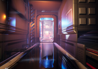 A sci-fi interior background from a space station. Cinematic angle and atmospheric environment. 
