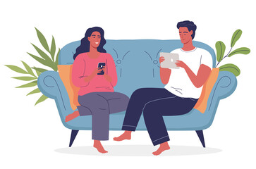 Cute couple sitting on the sofa vector illustration