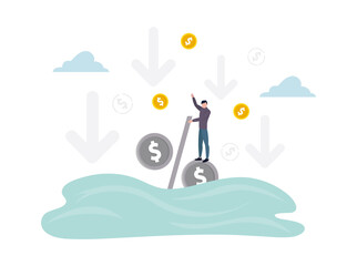 Default. A person stands on a percentage drowning in water, one hand is raised up, coins are instead of percentage circles, against the background of a down arrow. Vector illustration.