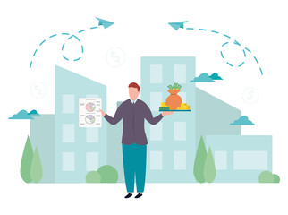 Financial management. Against the background of office buildings, a man in one hand holds a money bag, coins, bills on a tray, in the other hand holds a document with a diagram. Vector illustration.