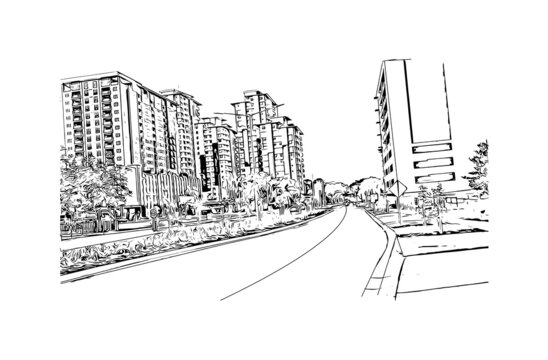Building view with landmark of Darwin is the capital of Australia. Hand drawn sketch illustration in vector.