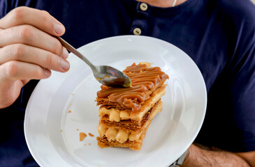 Appetizing rectangular shaped thousand leaf desserts with arequipe.