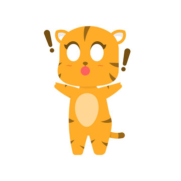 vector illustration of a funny, cute, and adorable tiger or chibi cat character. expression tiger was surprised and shocked. flat style. design elements. Can be used for stickers and mascot logo