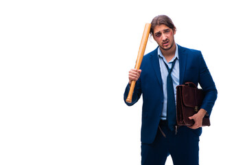 Young male employee holding baseball bat isolated on white