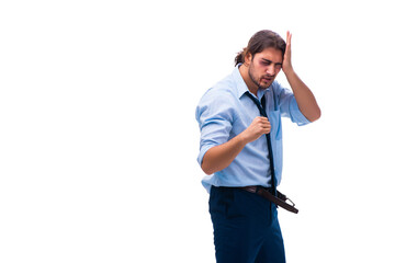 Young unhappy male employee isolated on white