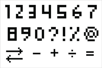 pixel art numbers, arrows, mathematical symbols.