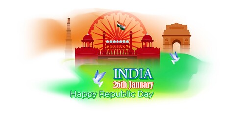 Fototapeta premium Vector illustration of Happy Republic day concept banner, 26 January, national holiday of India, Indian flag, pigeon, illustration poster.