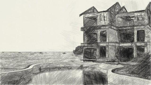 art drawing black and white of abandoned building