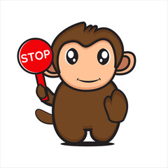 cute monkey with stop sign, cute monkey character vector illustration eps 10