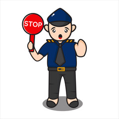 funny cop mascot with stop sign, police cartoon character on white background vector eps 10