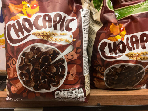 BELGRADE, SERBIA - JANUARY 10, 2021: Chocapic logo on boxes of Cereal for sale. Part of Nestle, Chocapic is a brand of chocolate flavoured whole grain breakfast cereal for kids
