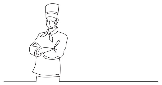 continuous line drawing of confident chef standing wearing face mask