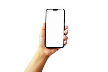 Internet communication and advertising ideas,The hand is holding the white screen, the mobile phone is isolated on a white background with the clipping path.