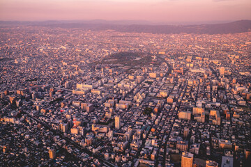 Panoramic view of sunset over Osaka cityscape, Japan