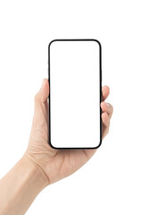 Man hand holding the black smartphone with blank screen isolated on white background with clipping path, Can use mock-up for your application or website design project.