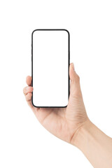Man hand holding the black smartphone with blank screen isolated on white background with clipping path, Can use mock-up for your application or website design project.