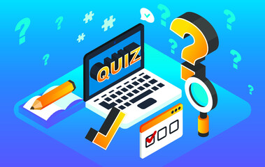 Flat 3d isometric Quiz concept. Test, exam, answer, education, learning, internet, lottery. Vector illustration