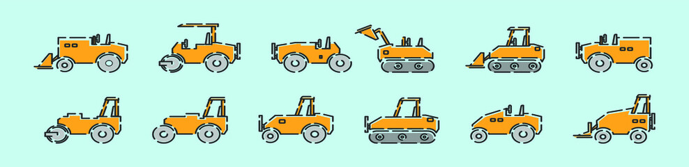 set of road roller cartoon icon design template with various models. vector illustration isolated on blue background