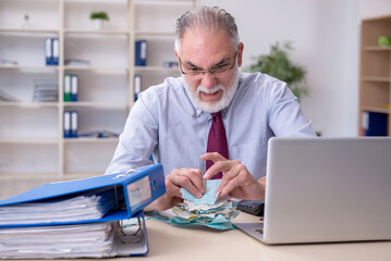 Old male accountant in budget planning concept in the office