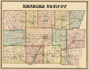 Genesee County Map 1876. Enhanced, restored reproduction of an old map showing Genesee County, New York, with its county seat of Batavia and surrounding communities. 