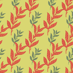Red and green abstract leaves branches seamless botanical pattern on yellow background.