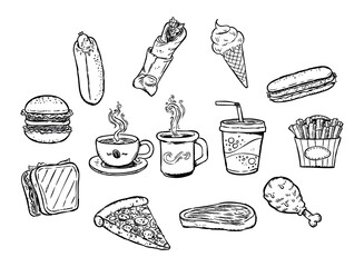 Delicious fast foods. Hand drawing black and white set that contains delious food illustrations. All food illustration are grouped separately.