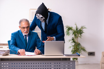 Old businessman employee getting deal with the devil