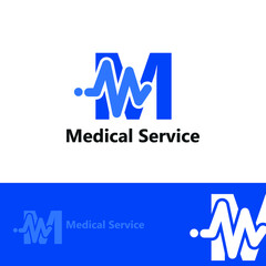 M initial letter for medical clinic with impulse wave signal, heartbeat, equalizer icon. Hospital, radio, art, sound wave, electronic, technology, healthcare logo idea concept