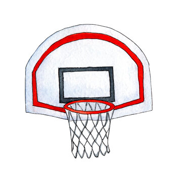 Watercolor Sketch Basketball Basket With Back. Basketball And Goal Illustration Combine Pencil Drawing And Watercolor Sketch. Isolated On White Background. Drawn By Hand.