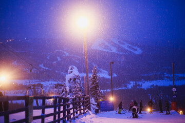 Beautiful night cold scandinavian mountain view of ski resort, sunny winter day with slope, piste...