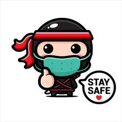 cute ninja character design wearing a mask against the virus